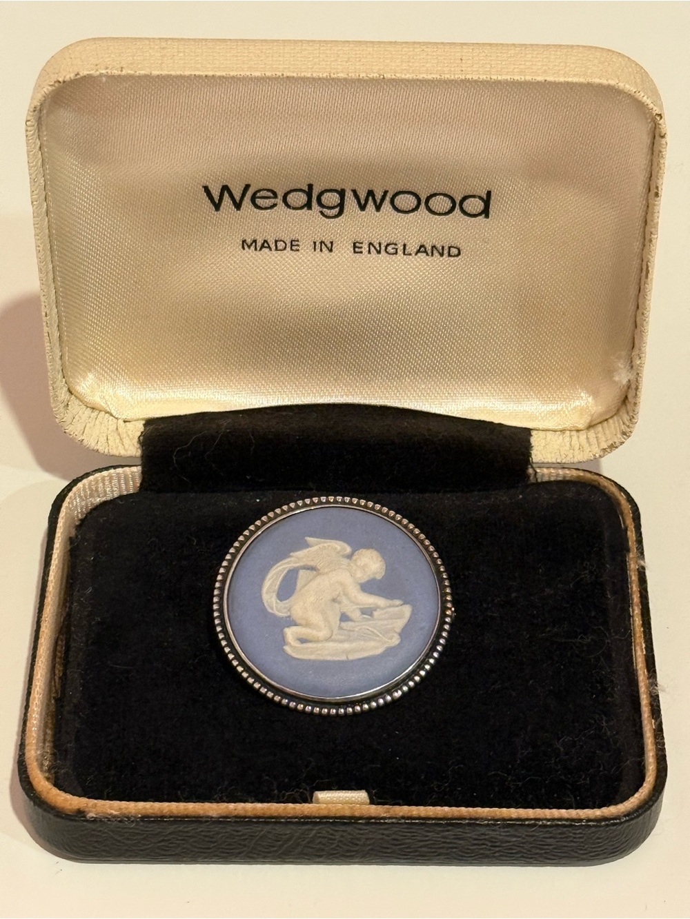 Wedgwood Pale Blue and White Jasperware Round Pin in Case - Vintage